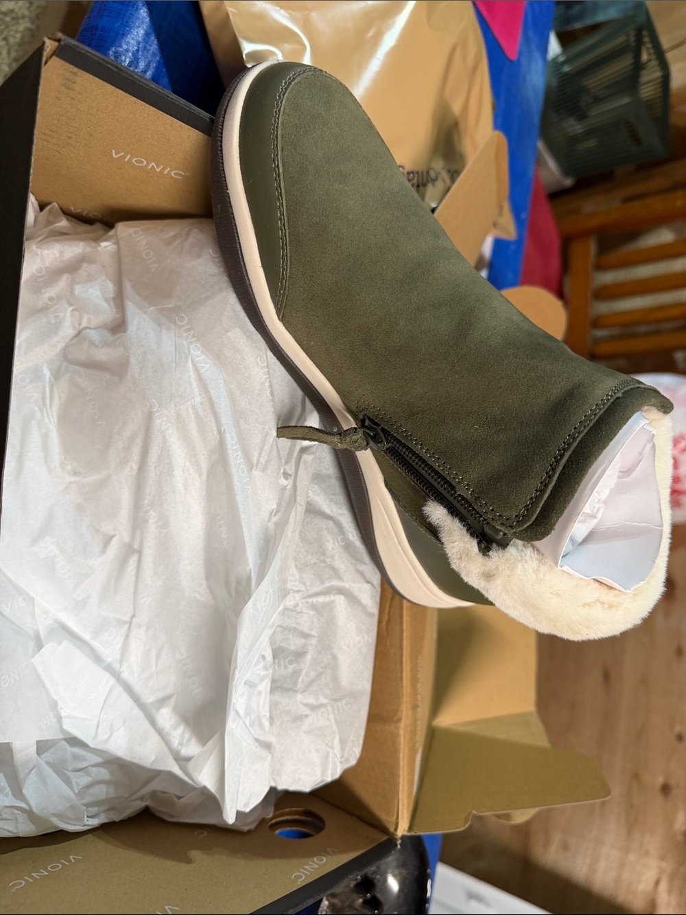 Vionic Olive Green Suede Ankle Boot with Cream Fur Trim